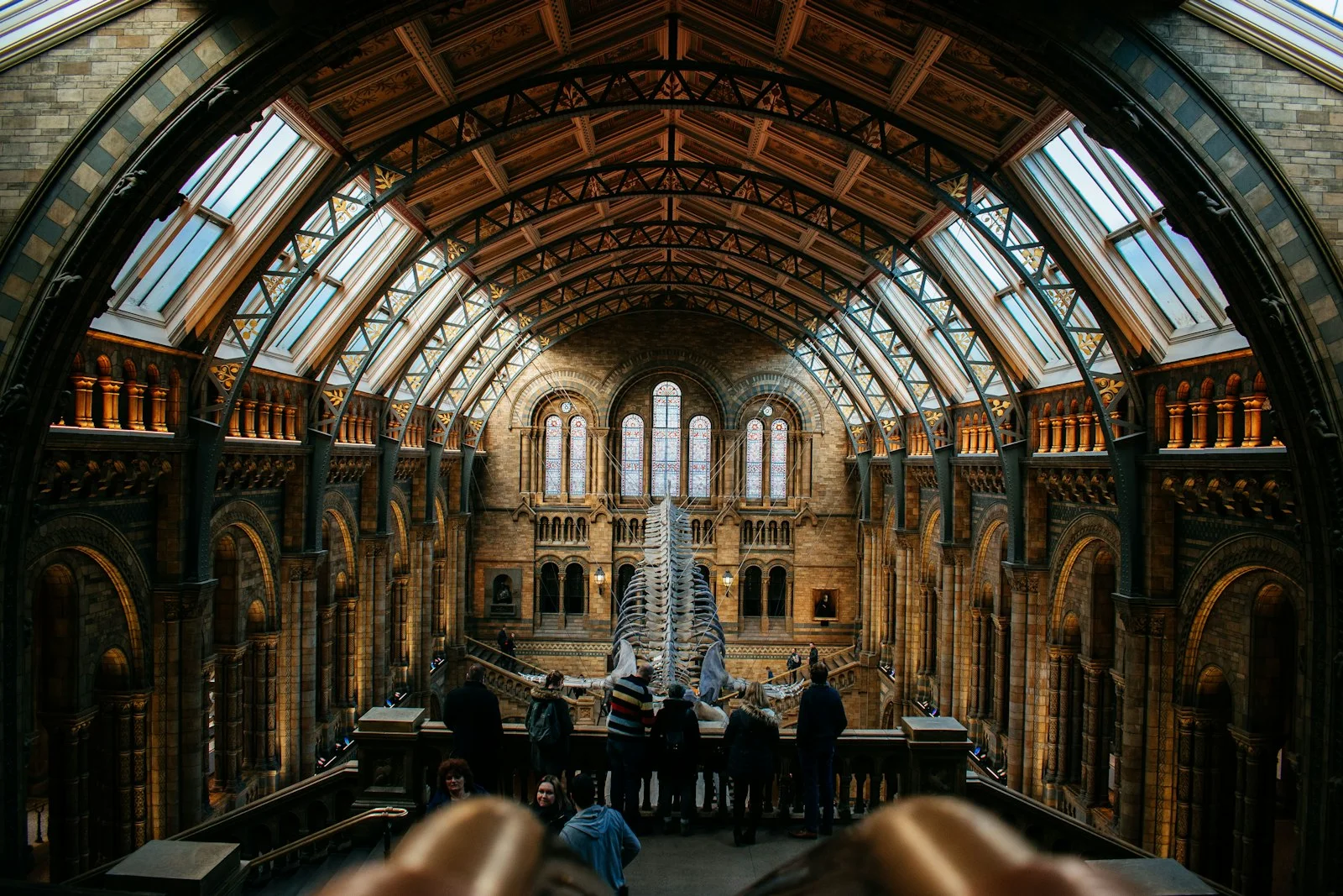 a large room with a statue in it and people in it with Natural History Museum in the background a large room with a statue in it and people in it with Natural History Museum in the background